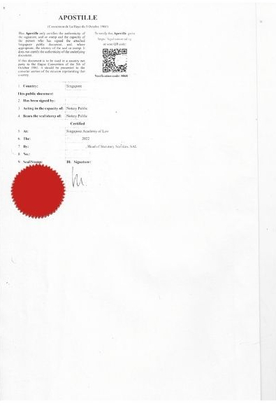 Affix Apostille from Singapore Academy of Law (SAL)